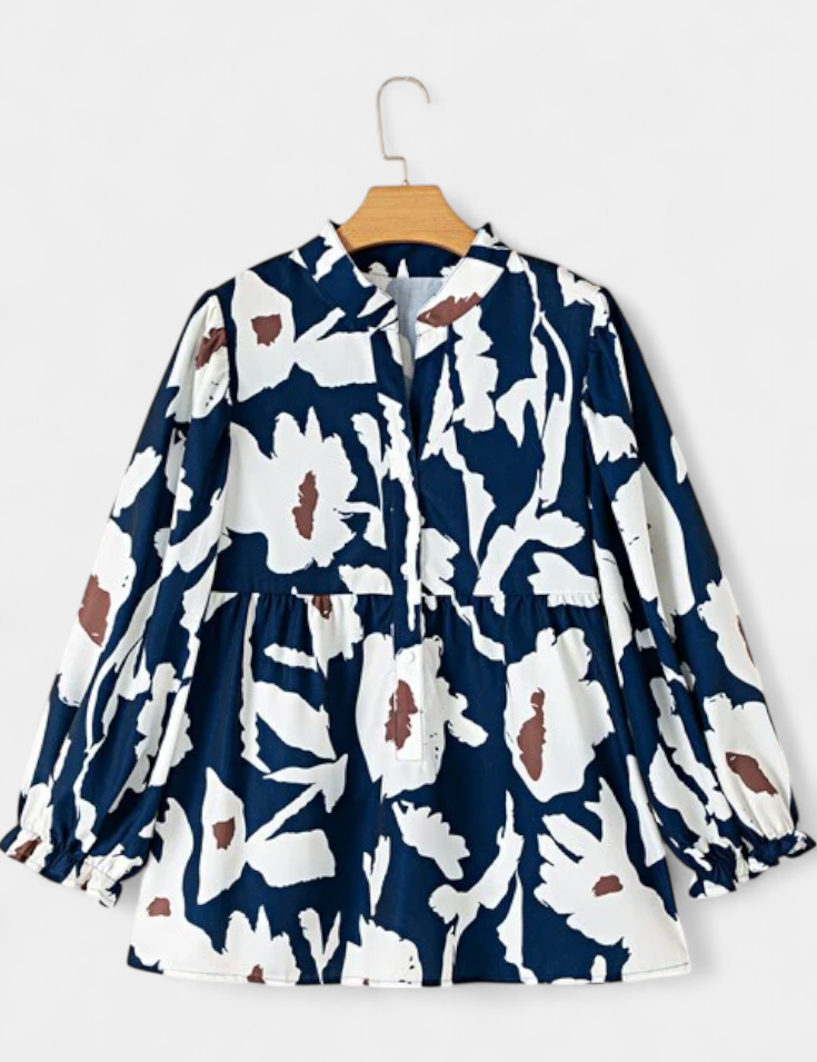 Filomena Blusa con Media Botonadura y Manga Abullonada en Estampado Floral Abstracto