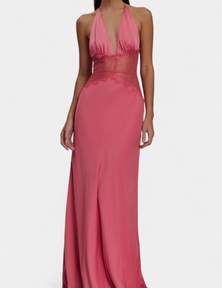 Ashanty Vestido Largo con Escote Halter y Cintura de Encaje Transparente