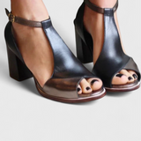 Vasilica Tacones Gruesos con Punta Abierta, Patchwork y Correa al Tobillo