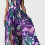 Cecil Vestido Largo Plisado con Estampado Acuarelado y Espalda Descubierta