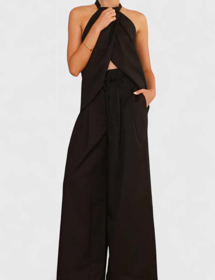 Bernadina Conjunto de Lino con Top de Abertura Frontal y Pantalón de Pierna Ancha