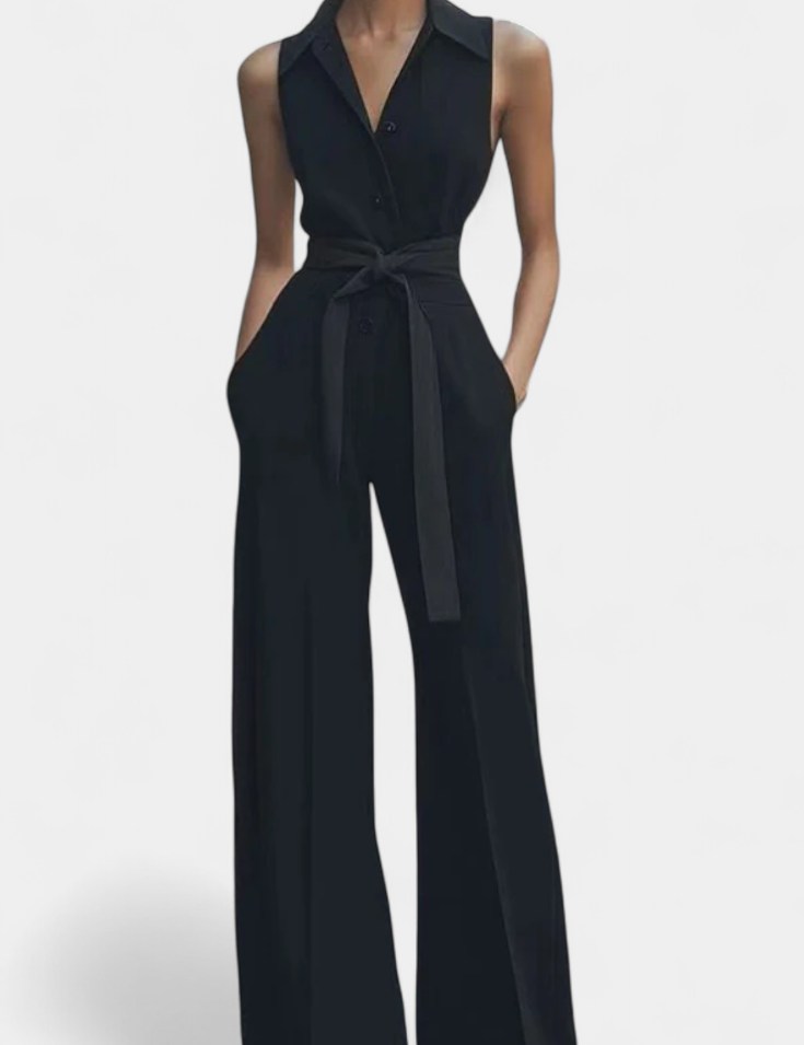 Ariella Mono Casual de Pierna Ancha con Solapa y Cintura Alta