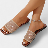 Iva Sandalias Planas de Malla con Brillos y Punta Cuadrada