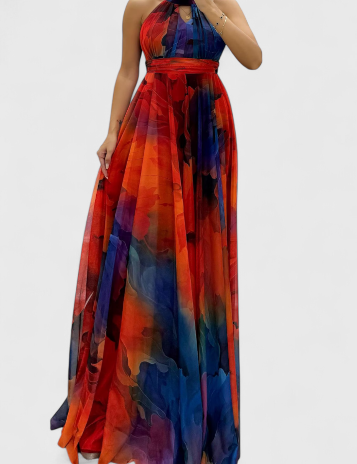 Caprice Vestido Maxi de Gasa con Estampado Floral y Cuello Halter