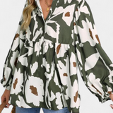 Filomena Blusa con Media Botonadura y Manga Abullonada en Estampado Floral Abstracto