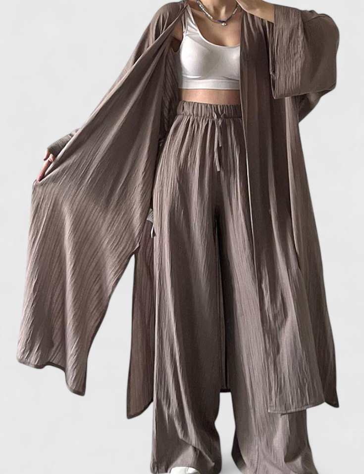 Suella Conjunto Casual de Dos Piezas con Cárdigan Largo y Abertura Lateral