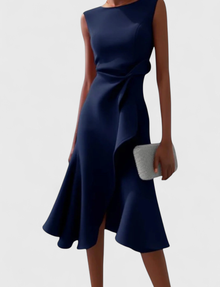 Claudia Vestido Midi Asimétrico con Drapeado Elegante