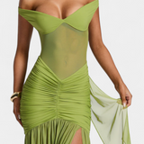 Therese Vestido Largo de Milk Silk con Escote Profundo y Fruncido Esculpido