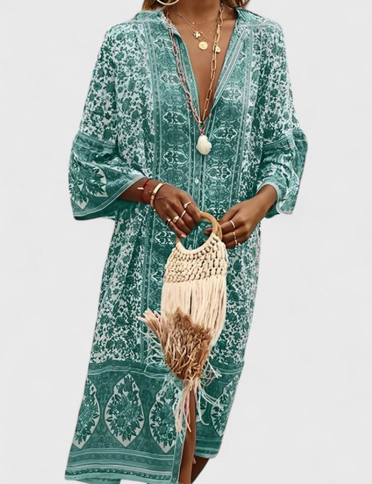 Chinara Vestido Largo Boho con Bordado Étnico y Silueta Relajada