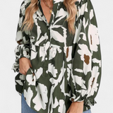 Filomena Blusa con Media Botonadura y Manga Abullonada en Estampado Floral Abstracto