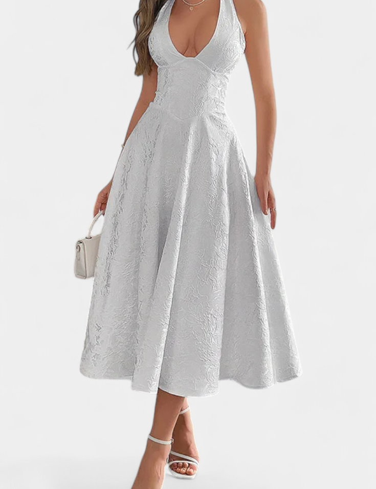 Gilda Vestido Midi Jacquard con Espalda Abierta y Cintura Alta