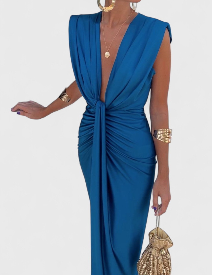 Lakisha Vestido Midi Fruncido con Escote Profundo