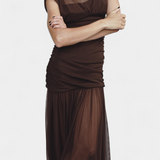 Noelia Vestido Bodycon de Malla Plisada Marrón