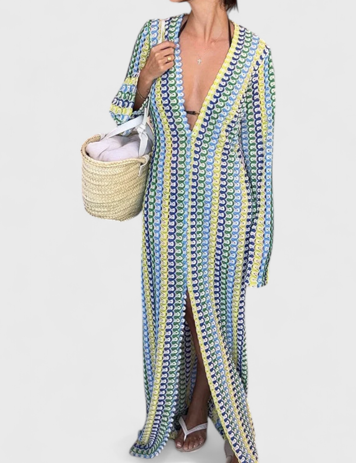 Crisanta Vestido Largo Estampado con Ondas Multicolores y Manga Larga