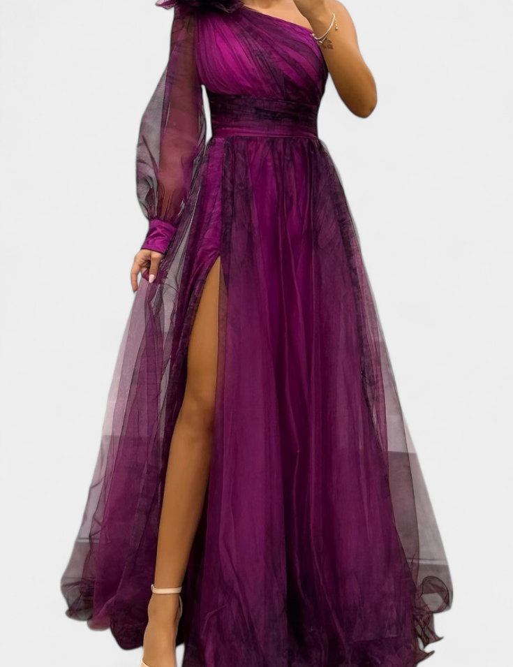 Becca Vestido Maxi de Chiffón con Hombro Descubierto y Flor Voluminosa