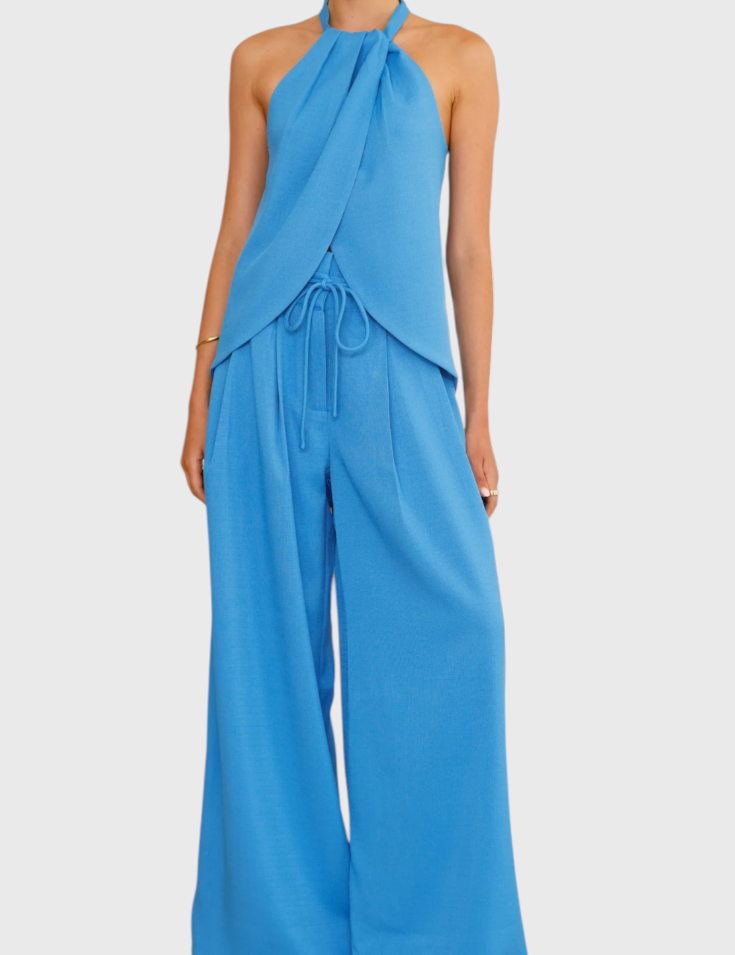 Bernadina Conjunto de Lino con Top de Abertura Frontal y Pantalón de Pierna Ancha