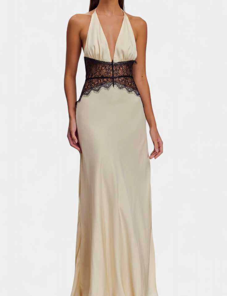 Ashanty Vestido Largo con Escote Halter y Cintura de Encaje Transparente