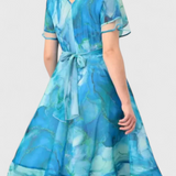 Almira Vestido Azul de Gasa con Estampado Acuarela