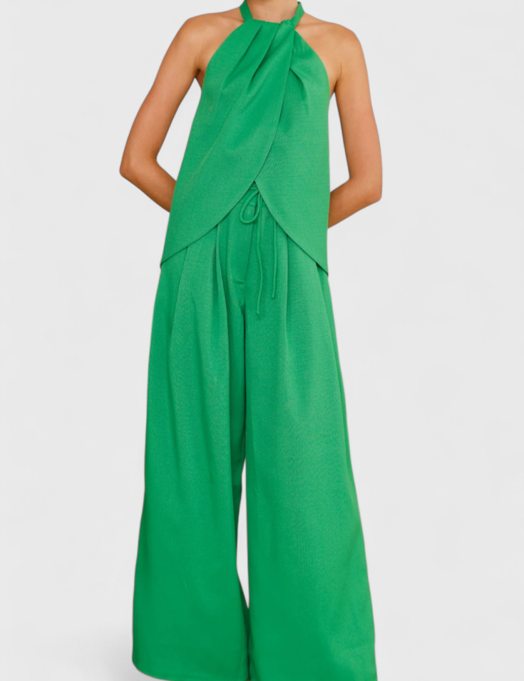 Bernadina Conjunto de Lino con Top de Abertura Frontal y Pantalón de Pierna Ancha