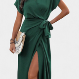 Begoña Vestido Cruzado con Cinturón y Abertura Sutil