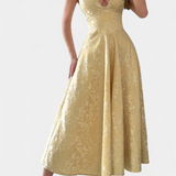 Gilda Vestido Midi Jacquard con Espalda Abierta y Cintura Alta