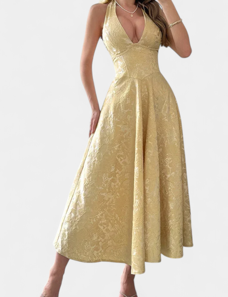 Gilda Vestido Midi Jacquard con Espalda Abierta y Cintura Alta