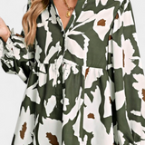 Filomena Blusa con Media Botonadura y Manga Abullonada en Estampado Floral Abstracto