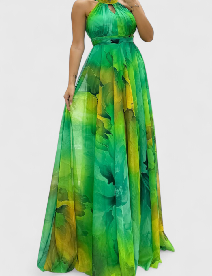 Caprice Vestido Maxi de Gasa con Estampado Floral y Cuello Halter