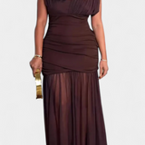 Noelia Vestido Bodycon de Malla Plisada Marrón