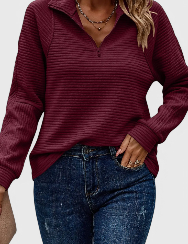 Helene Jersey de Cuello en V con Cremallera y Manga Larga