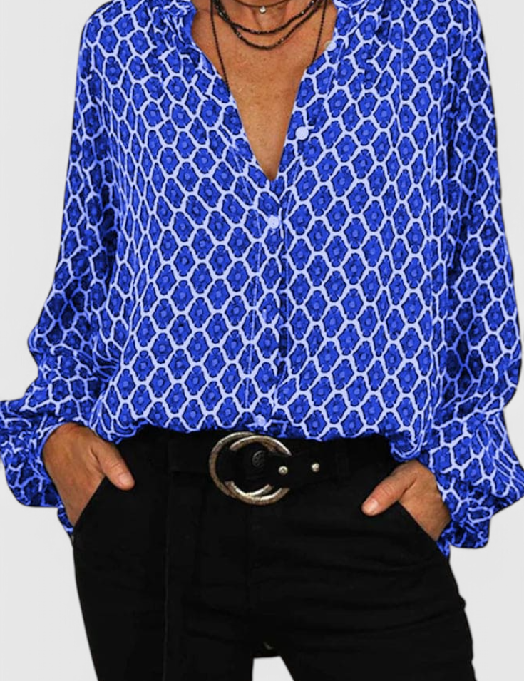 Jemima Blusa de Botones con Estampado Geométrico