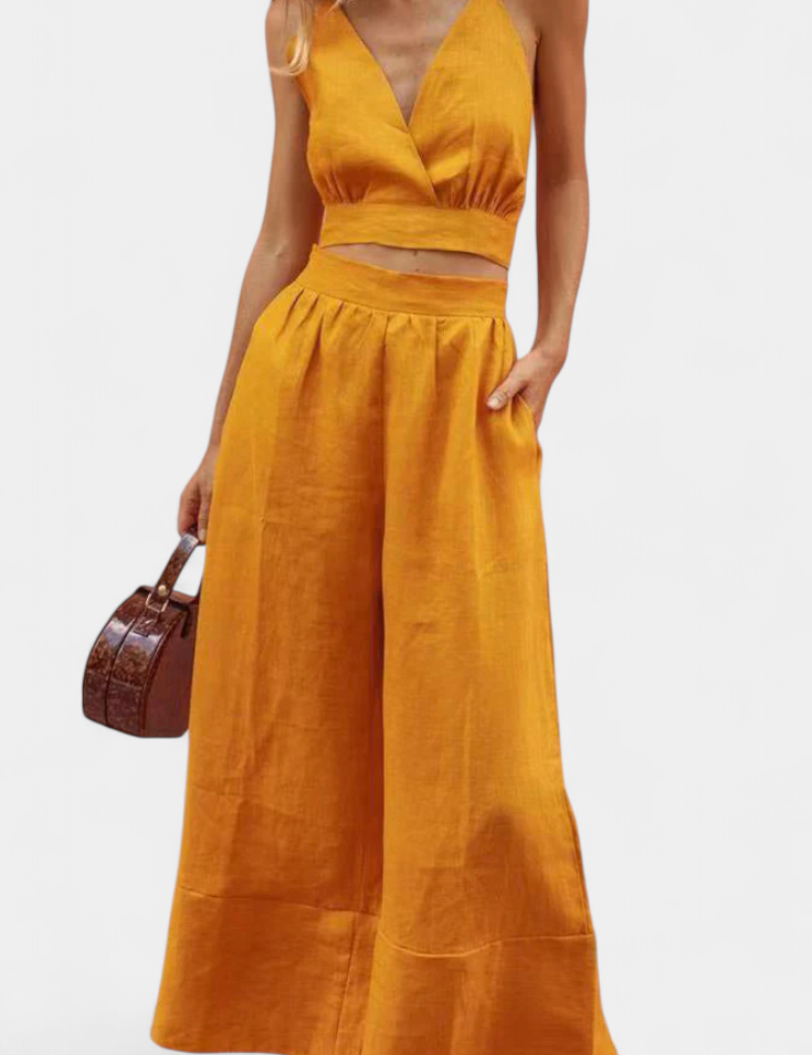 Valentina Conjunto de Chaleco de Encaje de Espalda Abierta y Pantalones Anchos