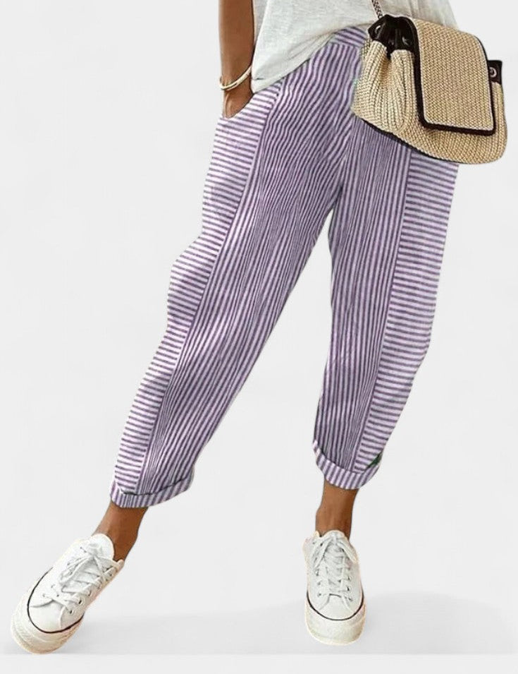 Alba Pantalones de Mezcla de Lino a Rayas