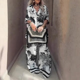 Hazel Conjunto estampado de blusa suelta y pantalón ancho